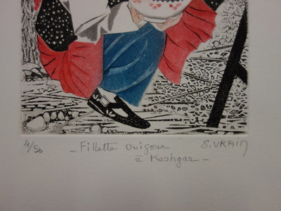 BT Simone VRAIN: Little Ouigour girl, Original signed engraving