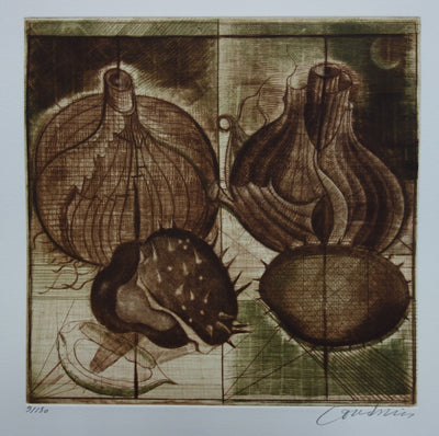 Brigitte COUDRAIN : Les oignons, Gravure originale (vue générale) - Crédit photo : Galerie Art.Paris