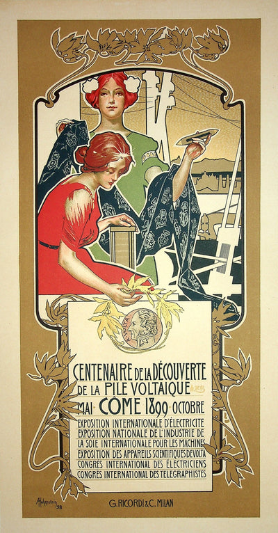 Adolfo HOHENSTEIN : La découverte de la pile voltaïque, Lithographie originale signée