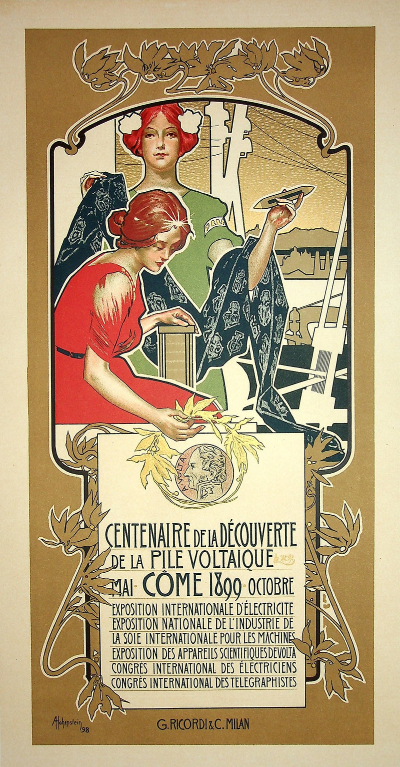 Adolfo HOHENSTEIN : La découverte de la pile voltaïque, Lithographie originale signée