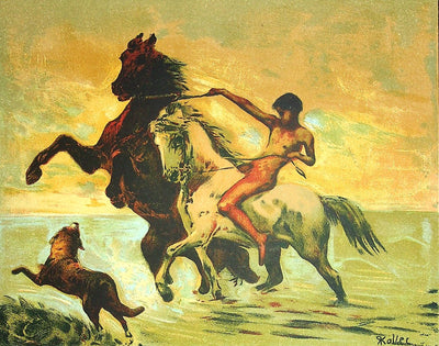 Rudolf KOLLER : Les chevaux galopant dans l'eau, Lithographie originale signée