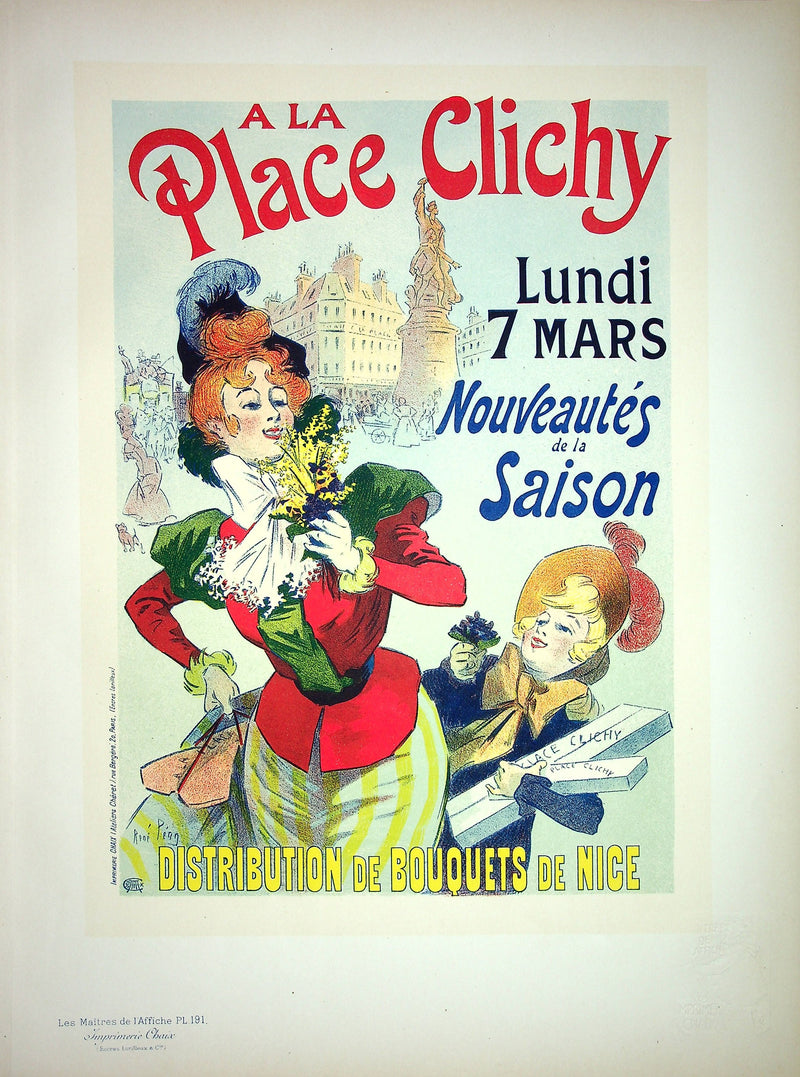 René PEAN : Distribution de bouquets de Nice, Lithographie originale signée