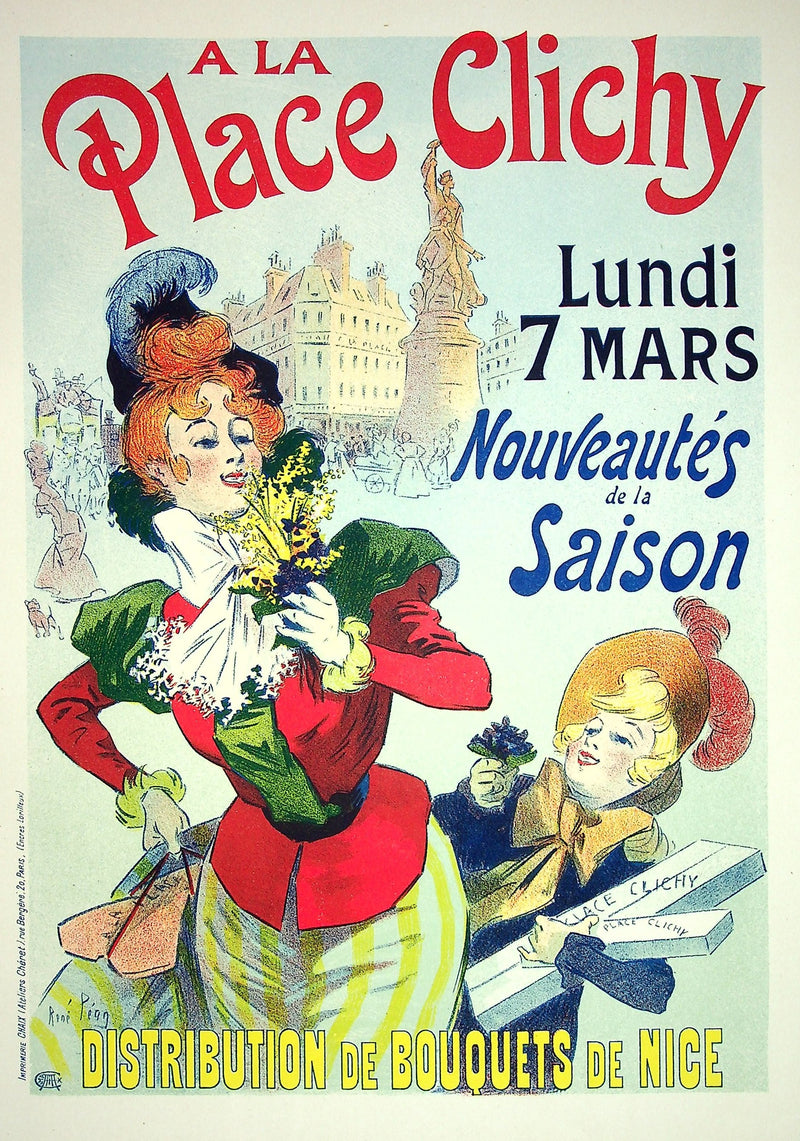 René PEAN : Distribution de bouquets de Nice, Lithographie originale signée