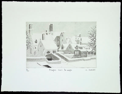 Camille COMBE : Bruges sous la neige, Gravure originale (vue générale) - Crédit photo : Galerie Art.Paris