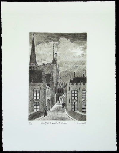 Camille COMBE : Bruges: la nuit est venue, Gravure originale (vue générale) - Crédit photo : Galerie Art.Paris