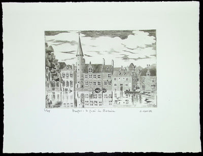 Camille COMBE : Bruges: Le quai du Rosaire, Gravure originale (vue générale) - Crédit photo : Galerie Art.Paris