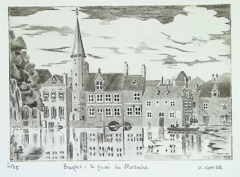 Camille COMBE : Bruges: Le quai du Rosaire, Gravure originale (photo de détail 2) - Crédit photo : Galerie Art.Paris