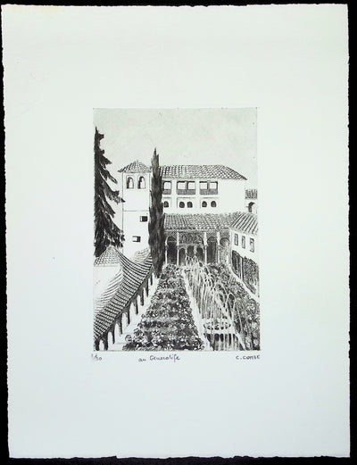 Camille COMBE : Au Generalife(grenade), Gravure originale (vue générale) - Crédit photo : Galerie Art.Paris