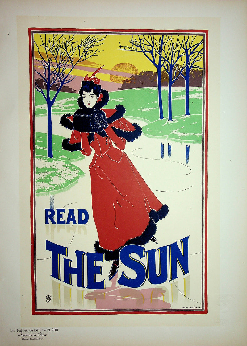 Louis John RHEAD : Sur la glace au coucher de soleil, Lithographie originale signée