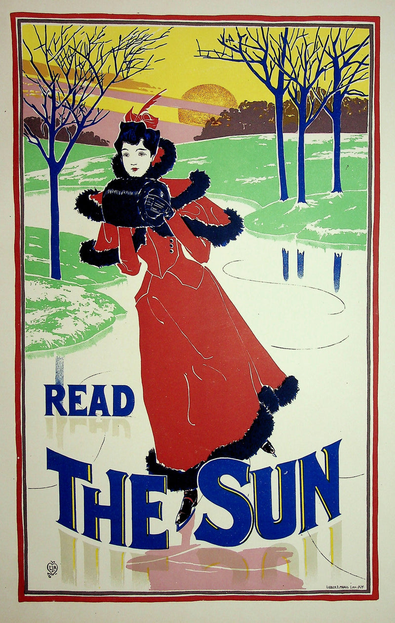 Louis John RHEAD : Sur la glace au coucher de soleil, Lithographie originale signée