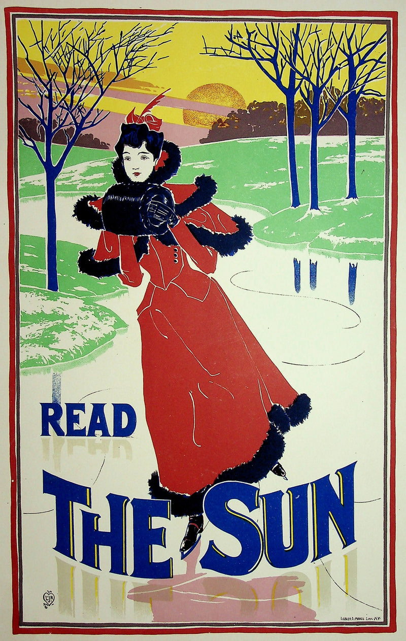 Louis John RHEAD : Sur la glace au coucher de soleil, Lithographie originale signée