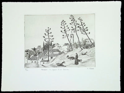 Camille COMBE : Grenade: les agaves de la Ronda, Gravure originale (vue générale) - Crédit photo : Galerie Art.Paris