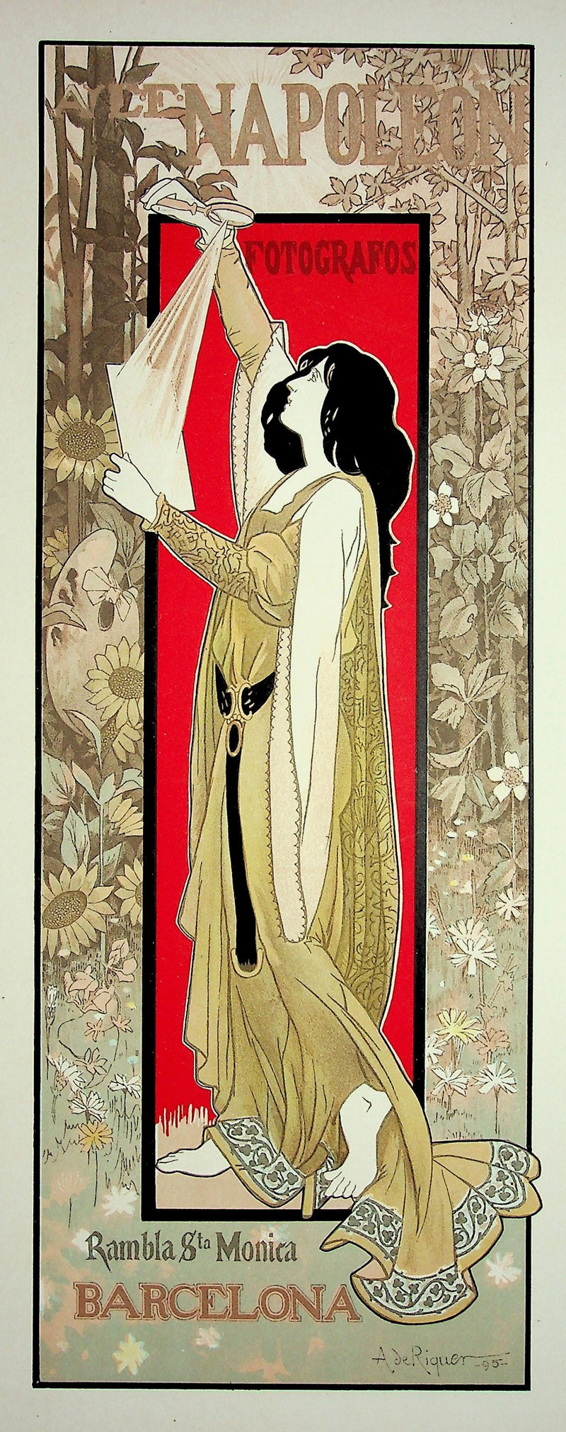 Alexandre DE RIQUER : Femme sur fond fleuri, Lithographie originale signée
