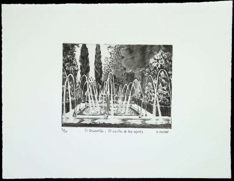 Camille COMBE : El Generalife: El cantal de las aguas, Gravure originale (vue générale) - Crédit photo : Galerie Art.Paris