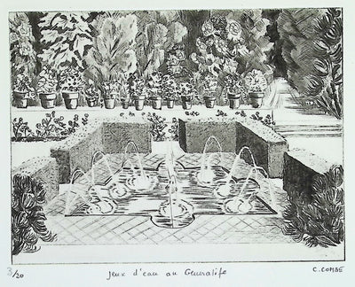 Camille COMBE : Jeux d'eau au Generalife, Gravure originale (photo de détail 2) - Crédit photo : Galerie Art.Paris