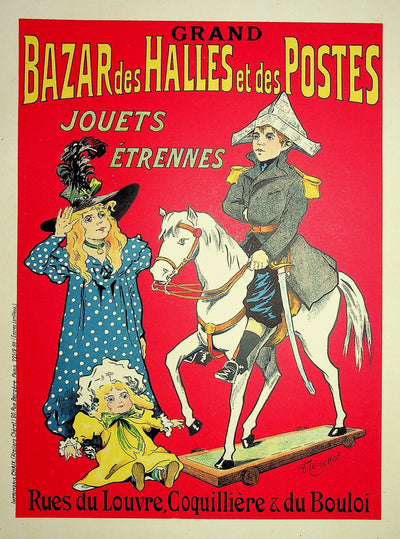 Fernand FERNEL : Grand bazar des Halles et des postes, Lithographie originale signée