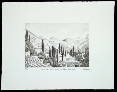 Camille COMBE : Grenade de la Tour d'Aben Humeya, Gravure originale (vue générale) - Crédit photo : Galerie Art.Paris