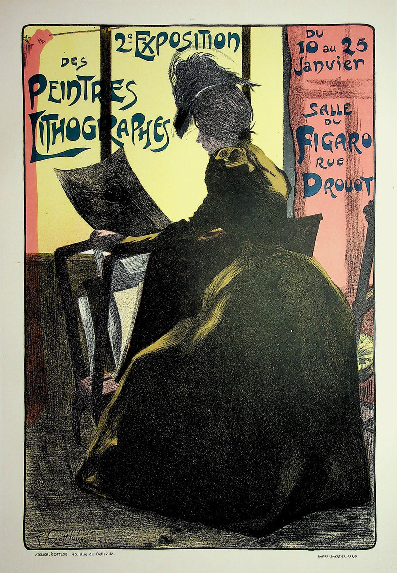 Fernand Louis GOTTLOB : Femme à la robe noire de dos, Lithographie originale signée
