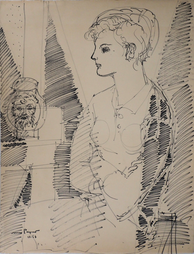 Max PAPART : Portrait de femme à la poterie, Dessin original signé