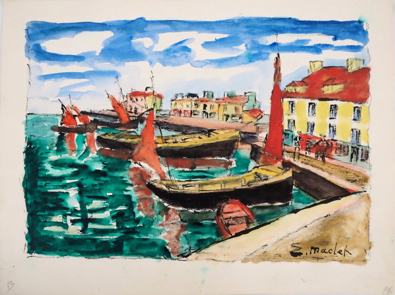 Elisée MACLET : Au port, Aquarelle originale signée