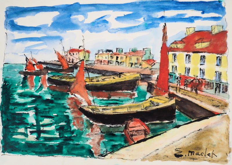 Elisée MACLET : Au port, Aquarelle originale signée