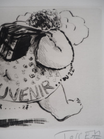 Monique JOSSE : Le visiteur aux livres, Gravure originale signée