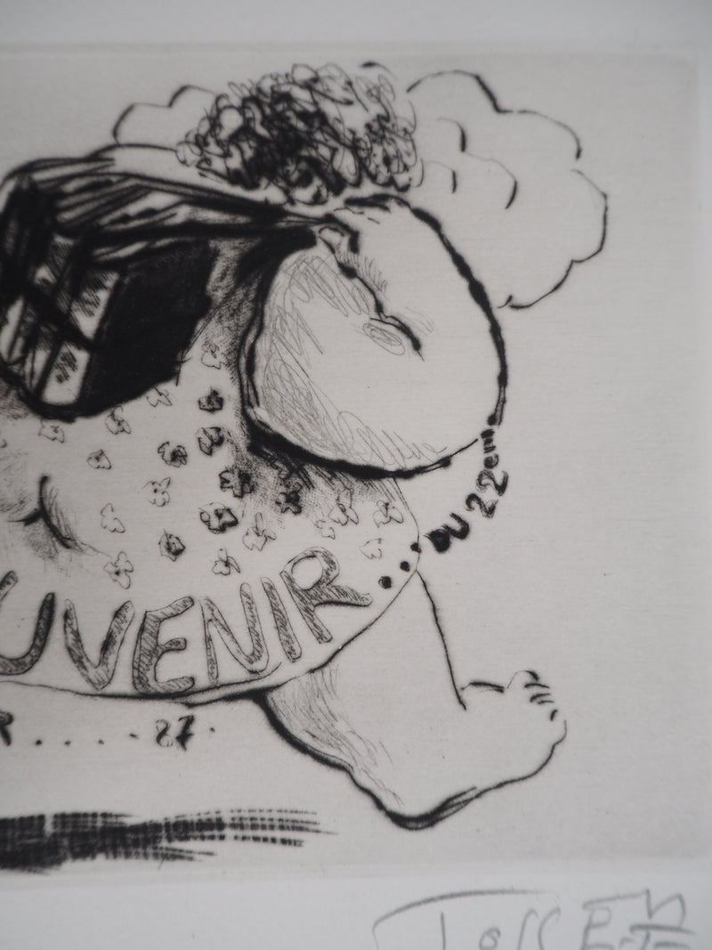 Monique JOSSE : Le visiteur aux livres, Gravure originale signée