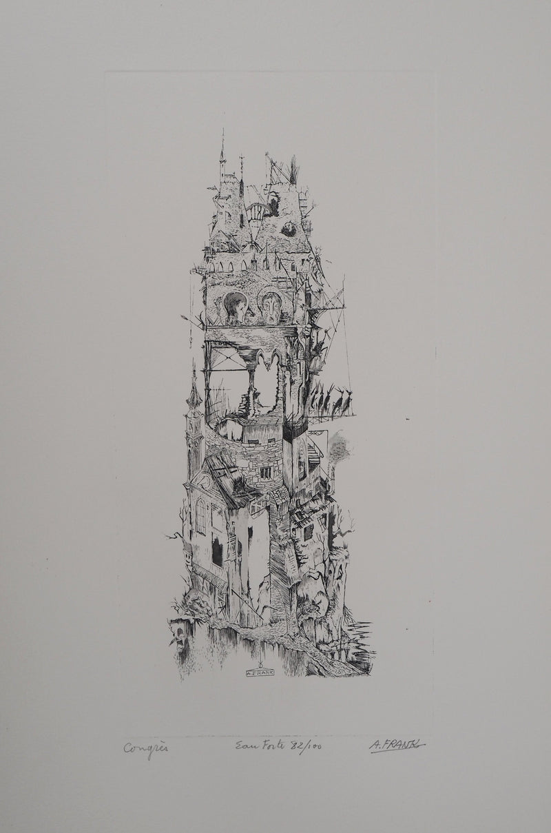 A.FRANK : Congrès ou le mont fantasque, Gravure originale signée
