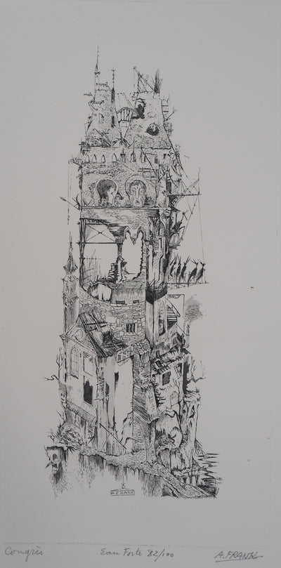 A.FRANK : Congrès ou le mont fantasque, Gravure originale signée