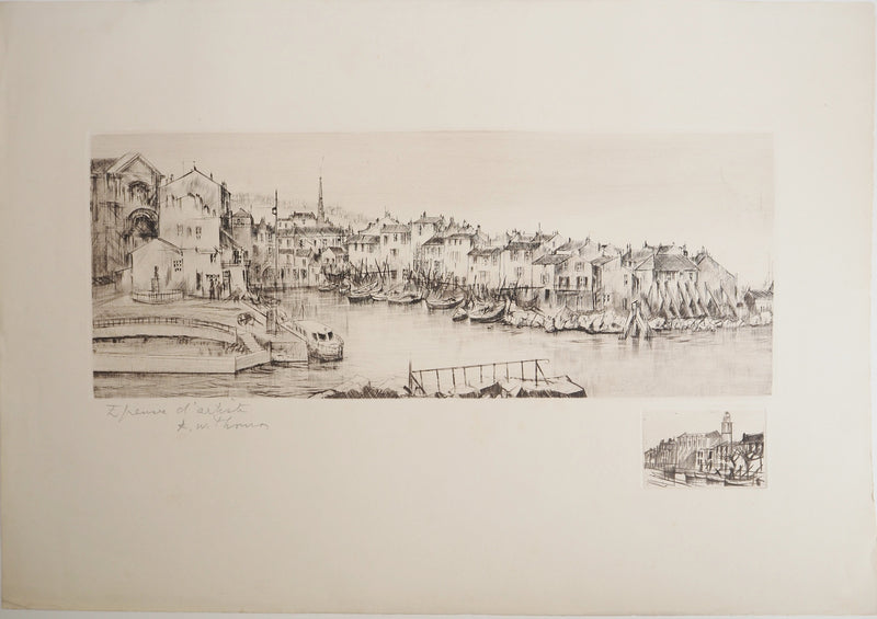 René William THOMAS : Port de plaisance, Gravure originale signée