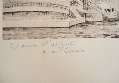 René William THOMAS : Port de plaisance, Gravure originale signée