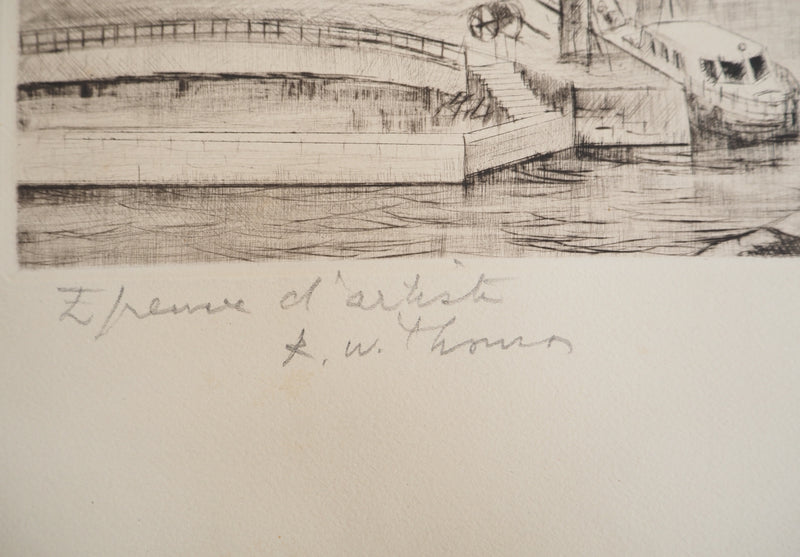 René William THOMAS : Port de plaisance, Gravure originale signée