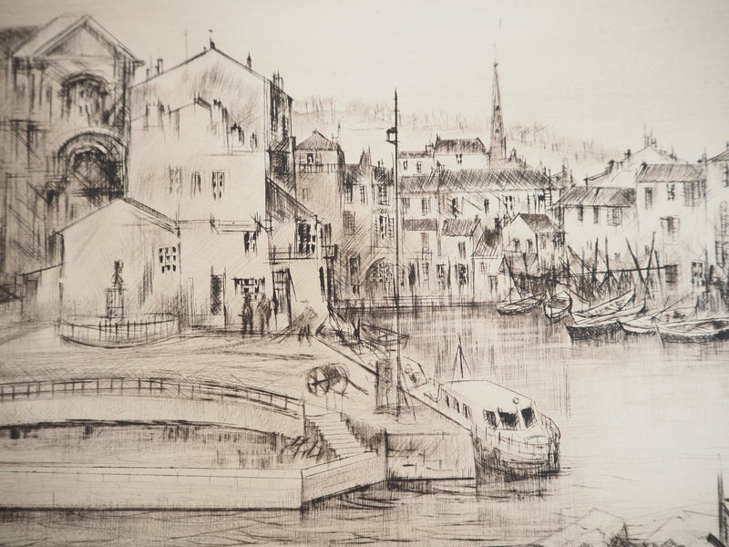 René William THOMAS : Port de plaisance, Gravure originale signée