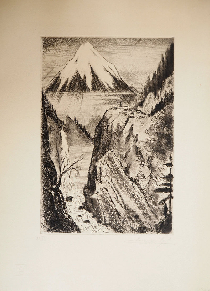 Camille QUESNEVILLE : Cascade japonaise, Gravure originale signée