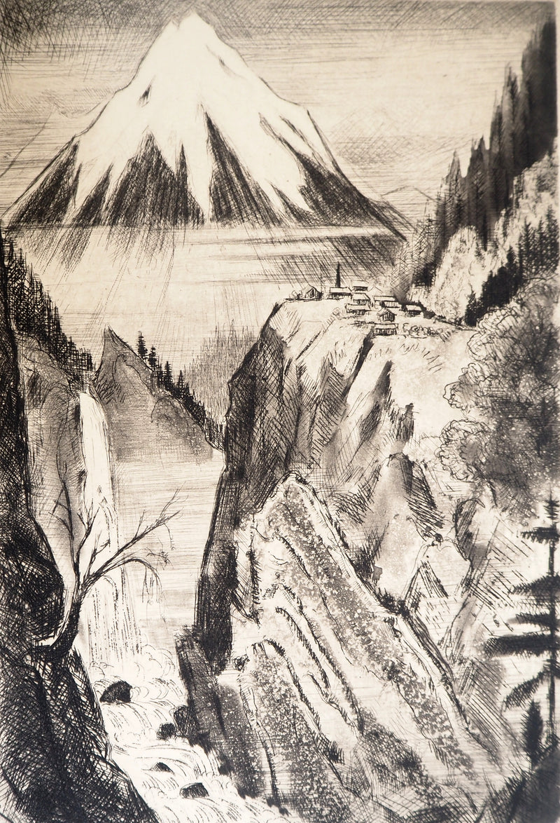 Camille QUESNEVILLE : Cascade japonaise, Gravure originale signée