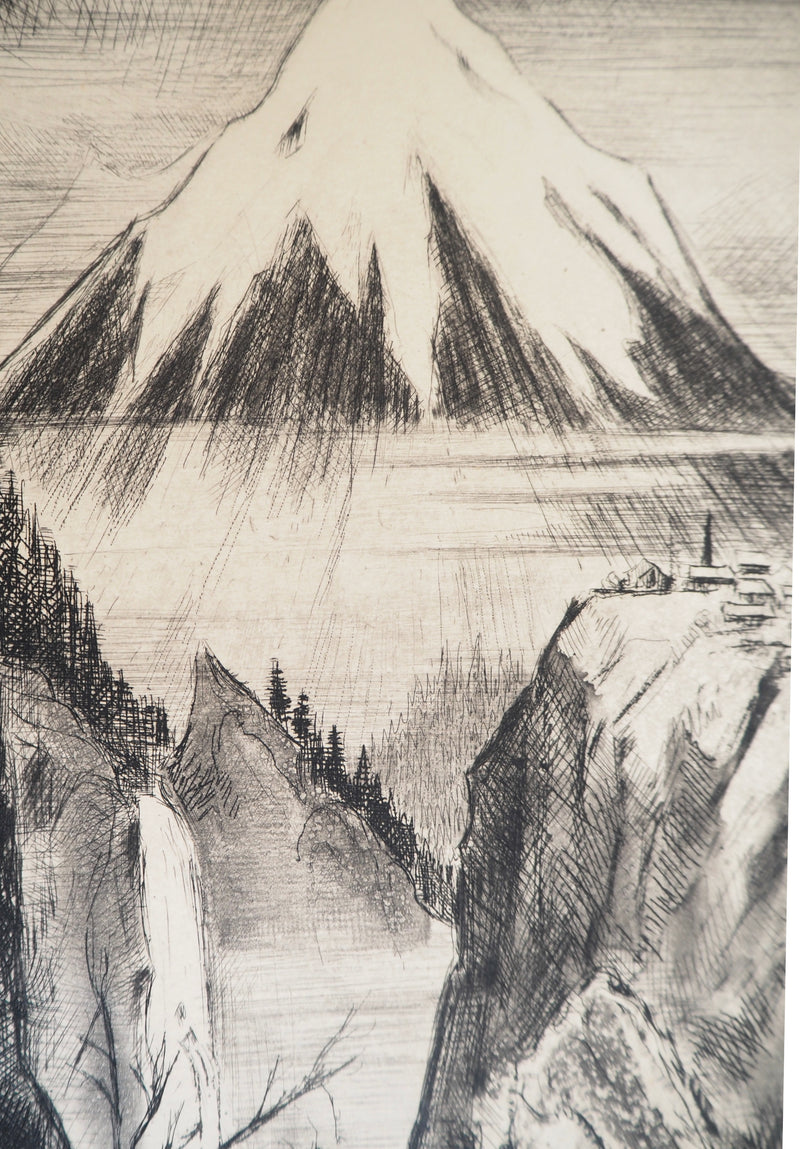 Camille QUESNEVILLE : Cascade japonaise, Gravure originale signée
