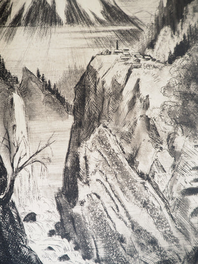 Camille QUESNEVILLE : Cascade japonaise, Gravure originale signée