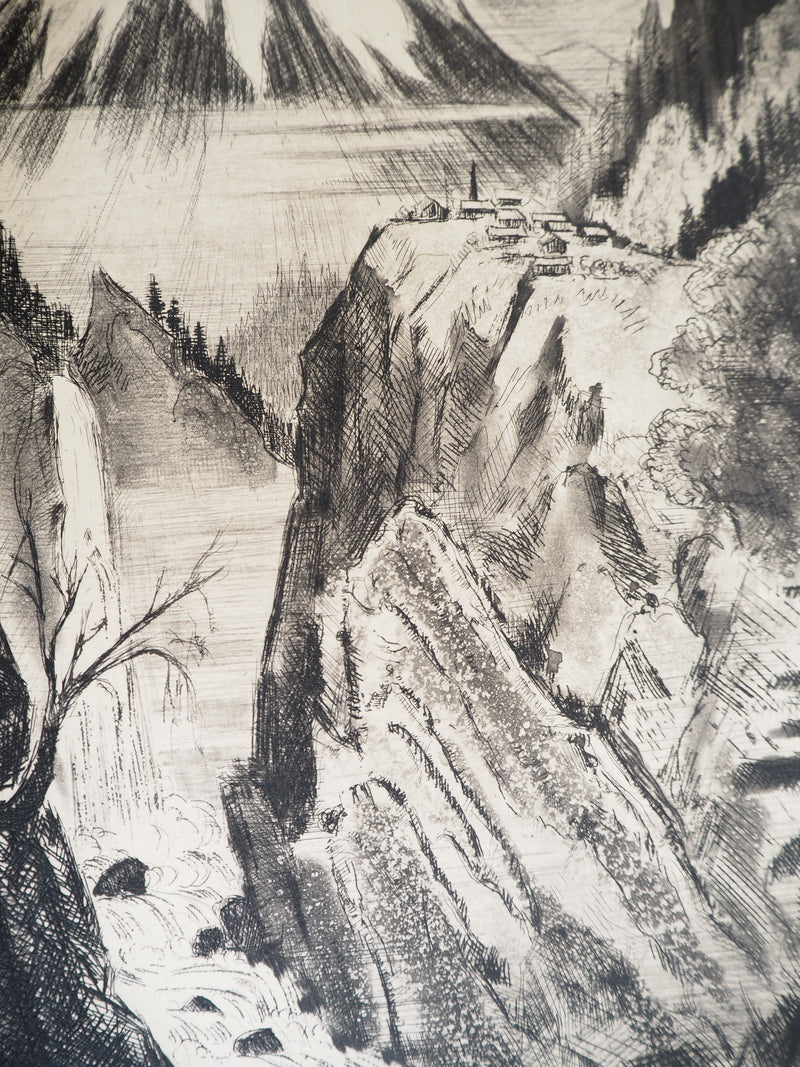 Camille QUESNEVILLE : Cascade japonaise, Gravure originale signée