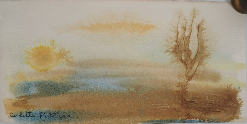 Colette PETTIER : Paysage au soleil levant, Aquarelle originale signée