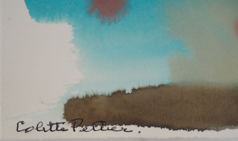 Colette PETTIER : Paysage au ciel bleu, Aquarelle originale signée