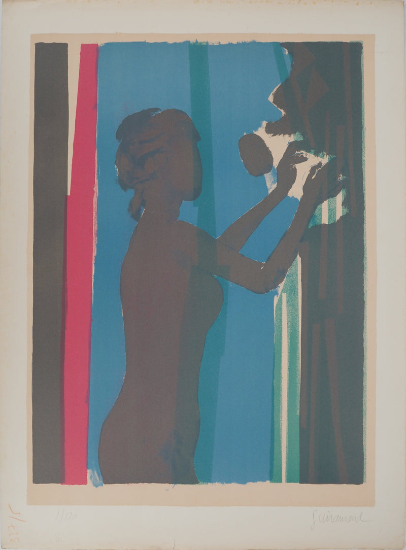 Paul GUIRAMAND : Jeune femme cueillant des fruits, Lithographie originale signée