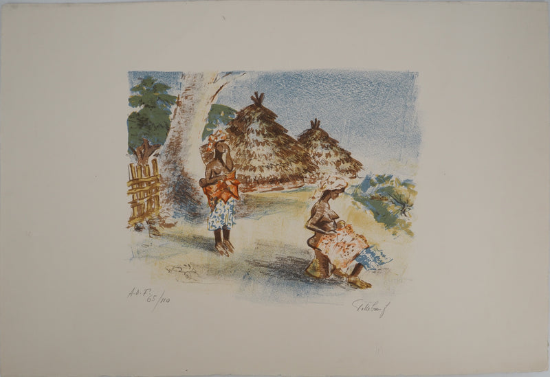 André VILLEBOEUF : Femmes africaines au village, Lithographie originale signée