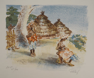 André VILLEBOEUF : Femmes africaines au village, Lithographie originale signée