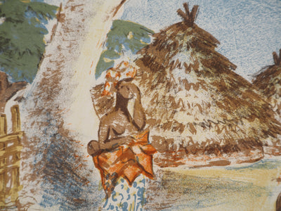 André VILLEBOEUF : Femmes africaines au village, Lithographie originale signée