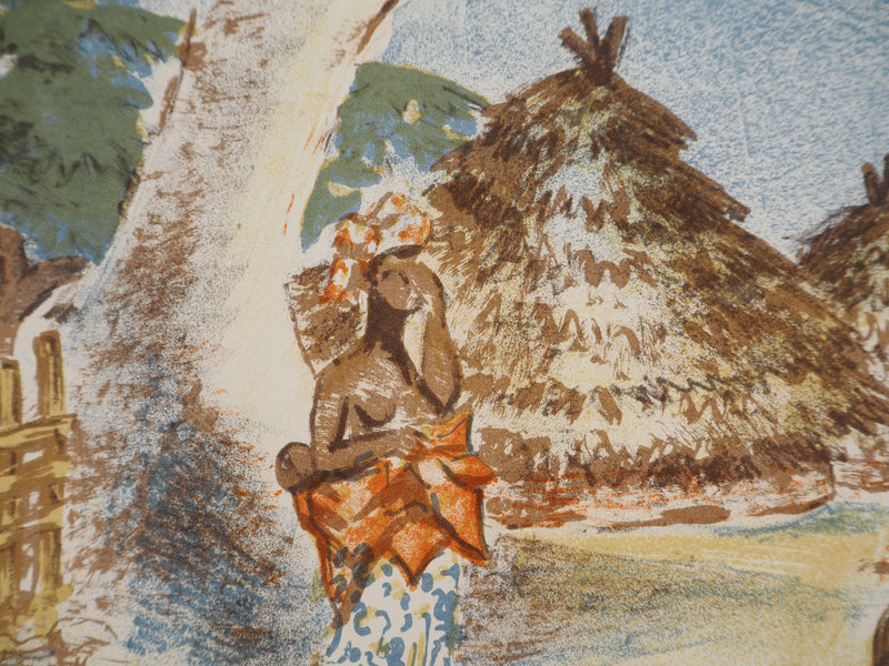 André VILLEBOEUF : Femmes africaines au village, Lithographie originale signée