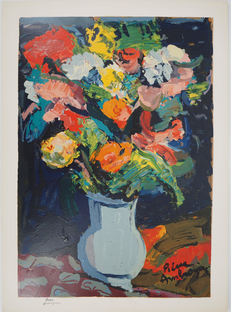 Pierre AMBROGIANI : Bouquet coloré, Bois gravé original signé