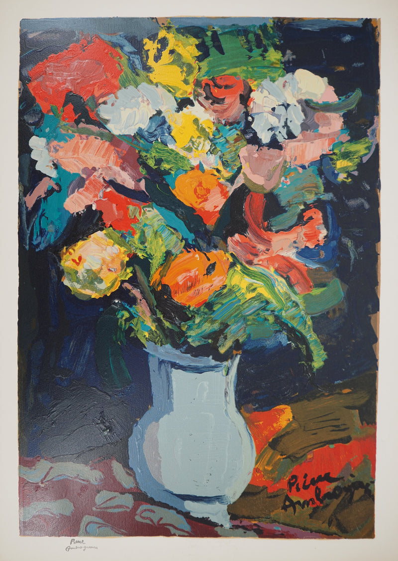 Pierre AMBROGIANI : Bouquet coloré, Bois gravé original signé