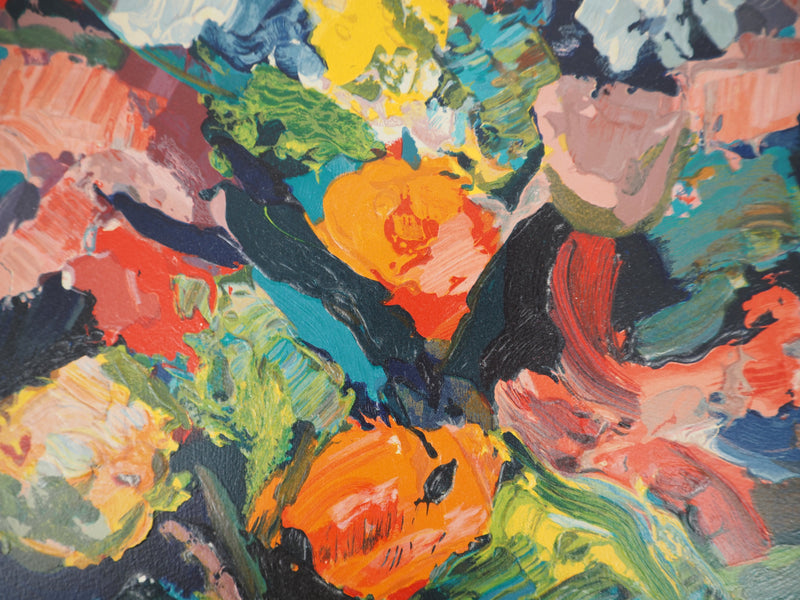 Pierre AMBROGIANI : Bouquet coloré, Bois gravé original signé