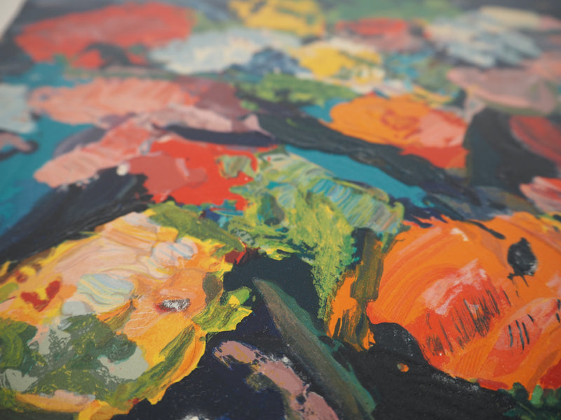 Pierre AMBROGIANI : Bouquet coloré, Bois gravé original signé