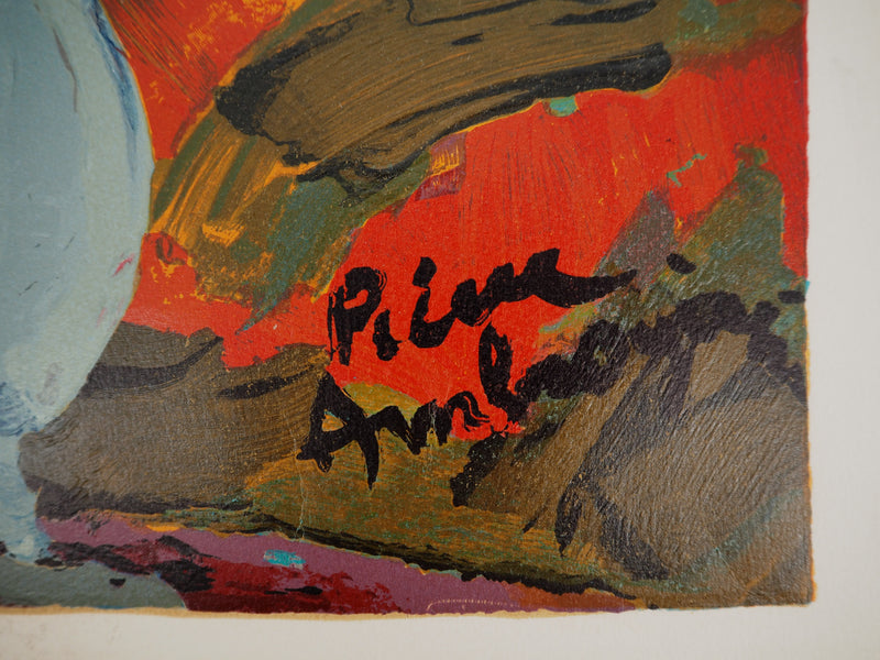 Pierre AMBROGIANI : Bouquet coloré, Bois gravé original signé